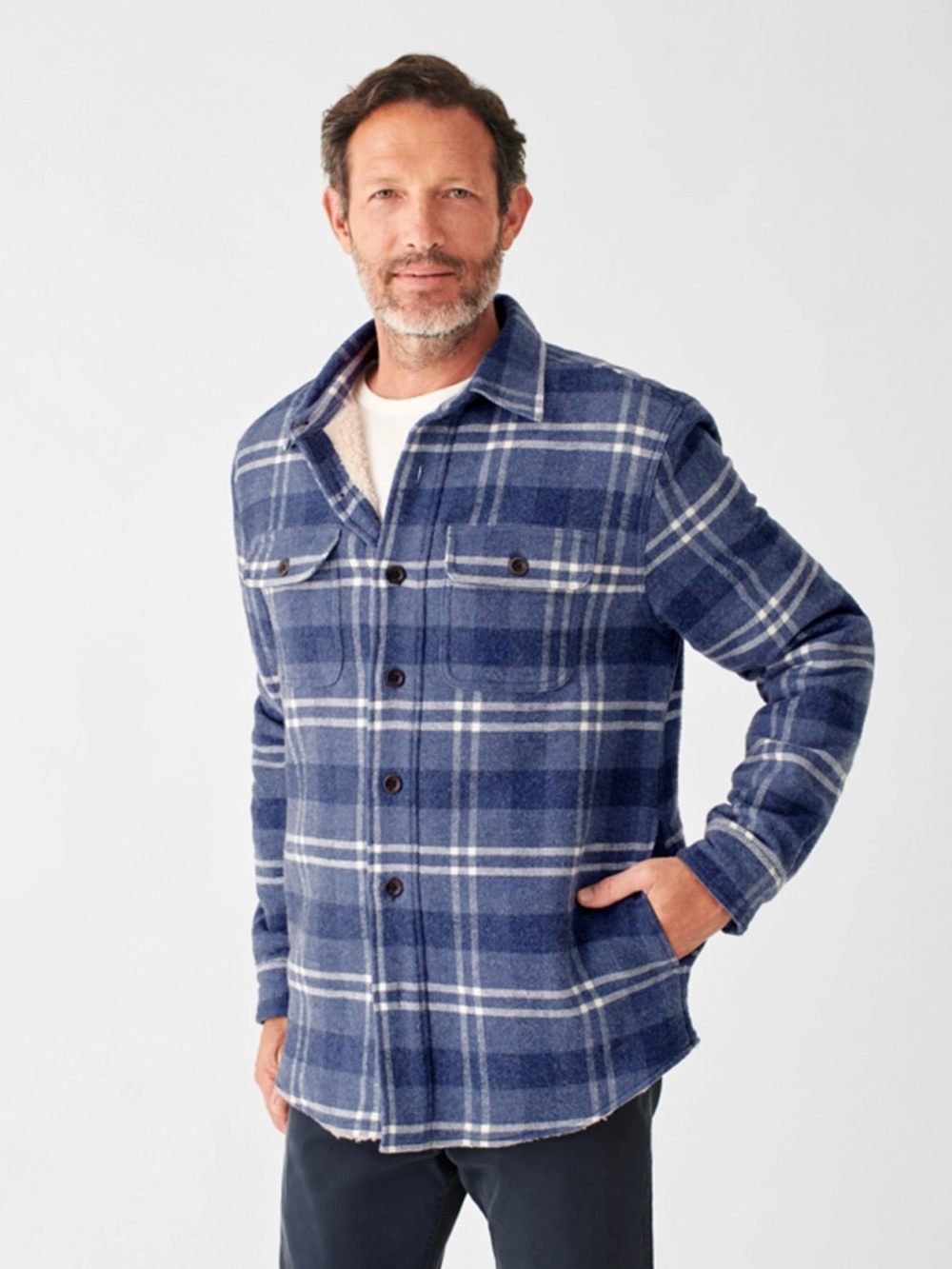 Faherty High Pile Fleece Lined Wool Jacket In Vintage Blue Plaid